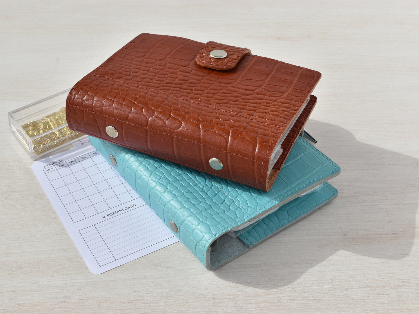 leather notebooks pocket size, bron and blue colors