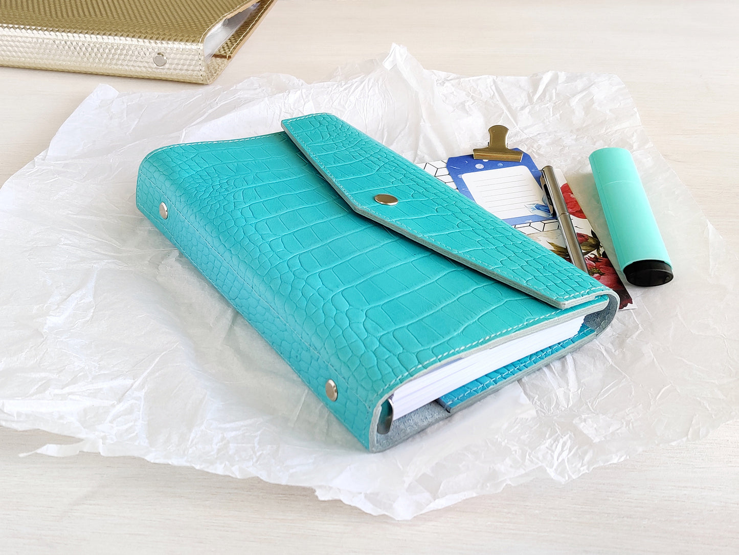 Croc Leather Planner: 6-Ring Binder Organizer With Inserts (A5 Narrow Size)