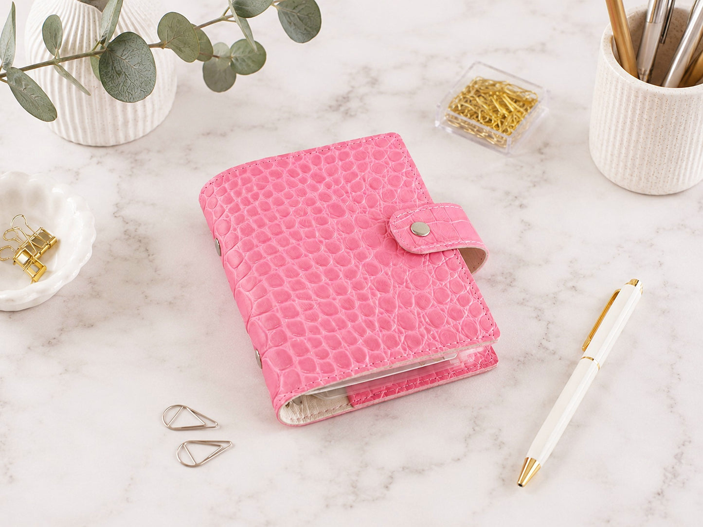 Leather Ring Binder - Pink Notebook Organizer (Pocket Size)