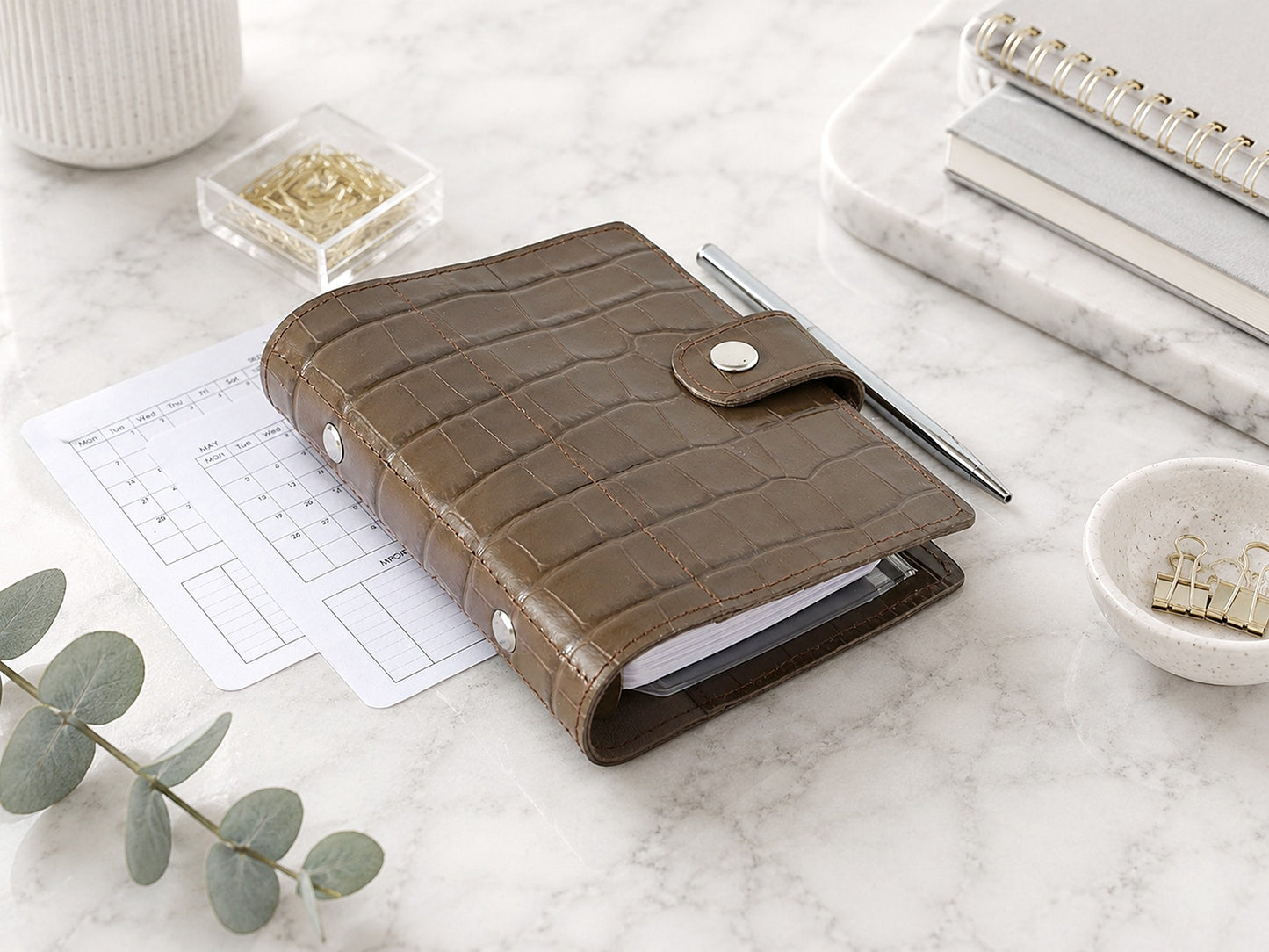 Brown Leather Planner - 6-Ring Organizer With Inserts (Pocket size)