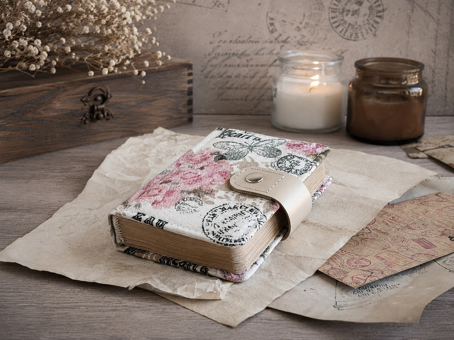 Small vintage-styled fabric notebook (A7 size)