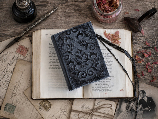 Vintage Journal Notebook - Black Grimoire, The Witch's Diary with Old paper (A7 size)