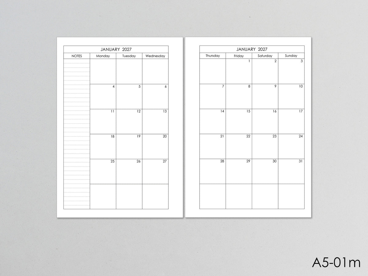 Monthly Planner Inserts - Ring Binder Refill (A5 Size) / A5-01m