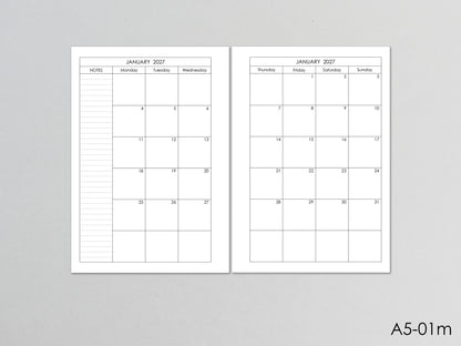 Monthly Planner Inserts - Ring Binder Refill (A5 Size) / A5-01m