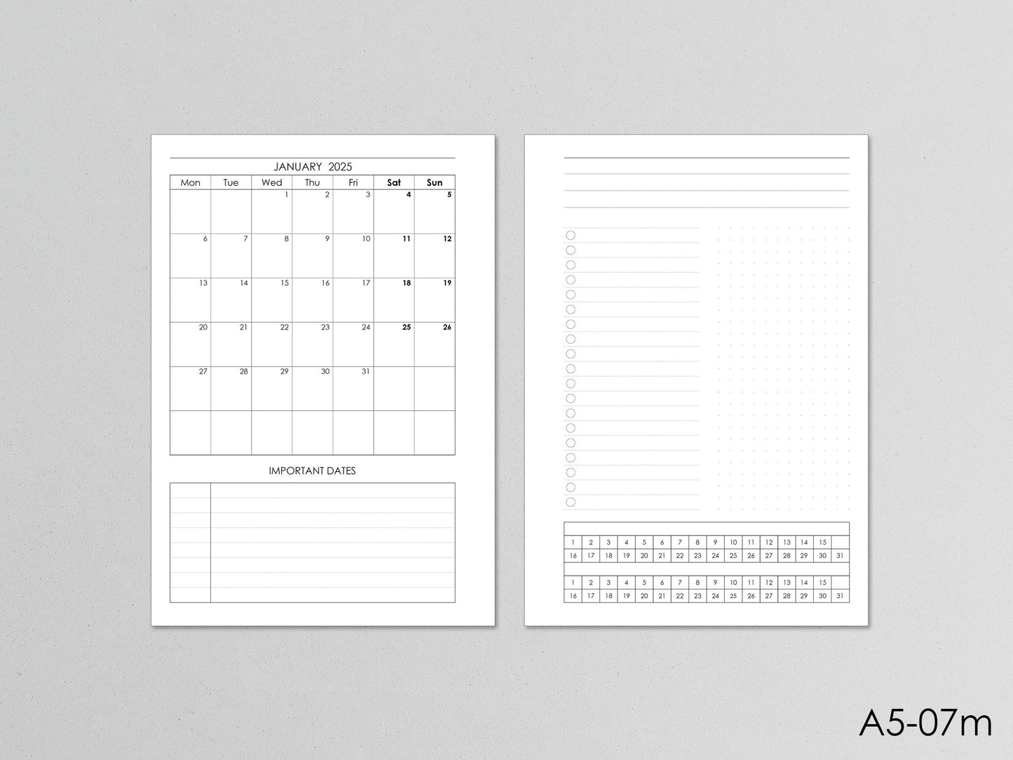 Monthly pages for A5 planner