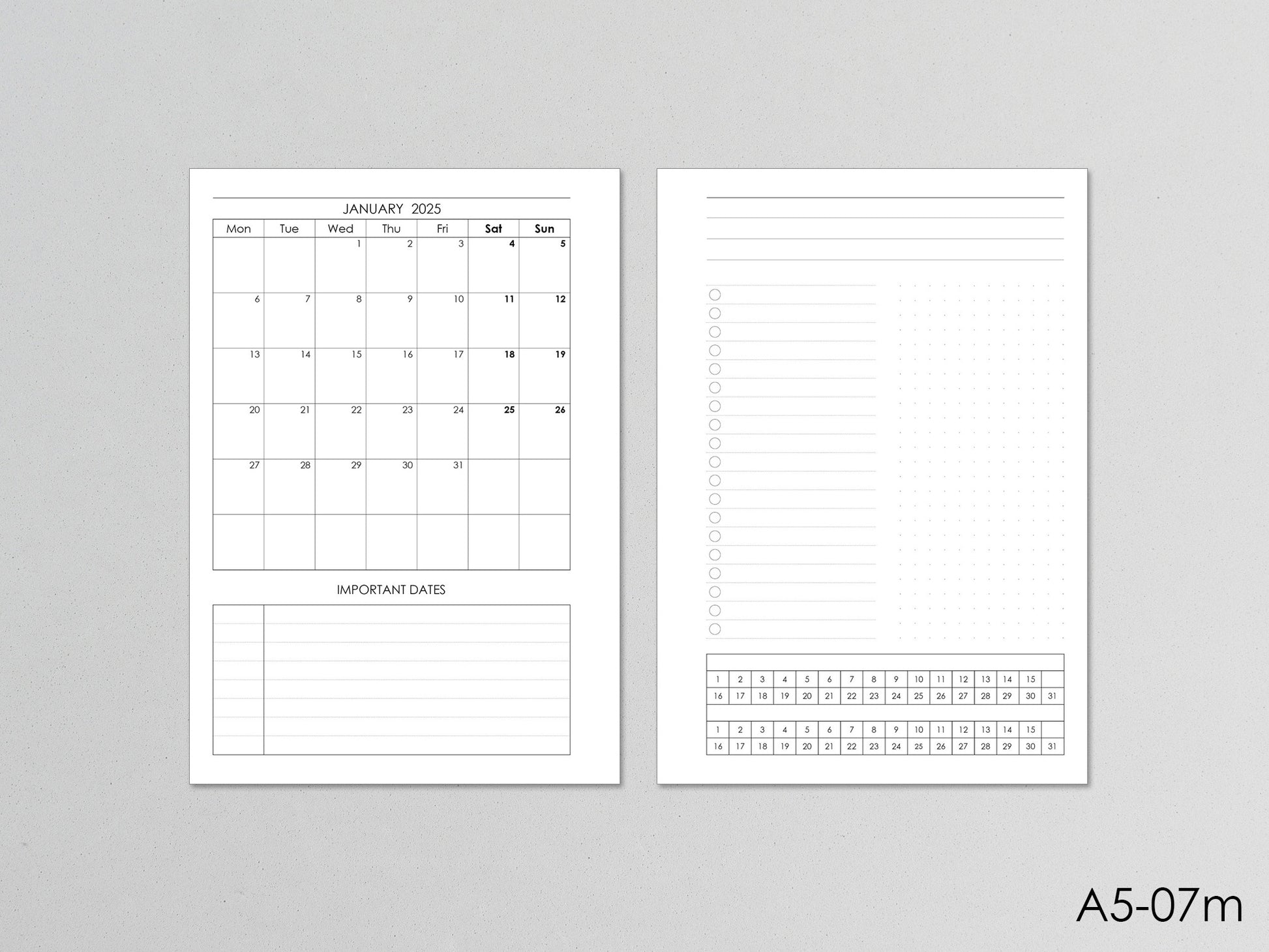 Monthly pages for A5 planner