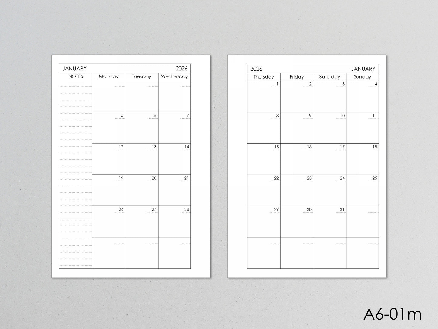 Monthly Planner Inserts - Ring Binder Refill (True A6 Size) / A6-01m