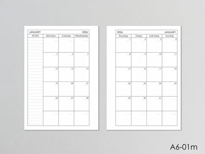 Monthly Planner Inserts - Ring Binder Refill (True A6 Size) / A6-01m