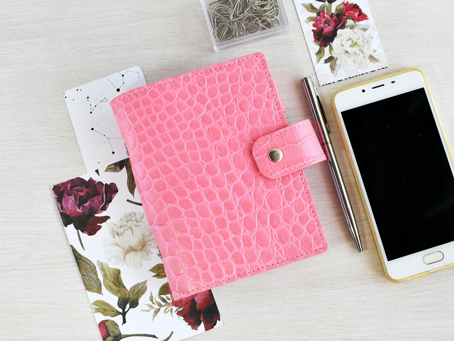 Leather Ring Binder - Pink Notebook Organizer (Pocket Size)