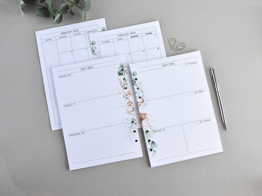 Monthly, Weekly Planner Inserts - Ring Binder Refill Bundle (A5 Size)