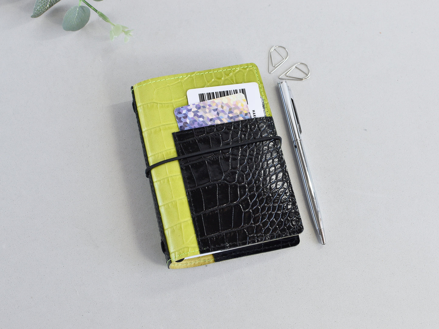 Passport size Traveler's Notebook with front pocket, lime color