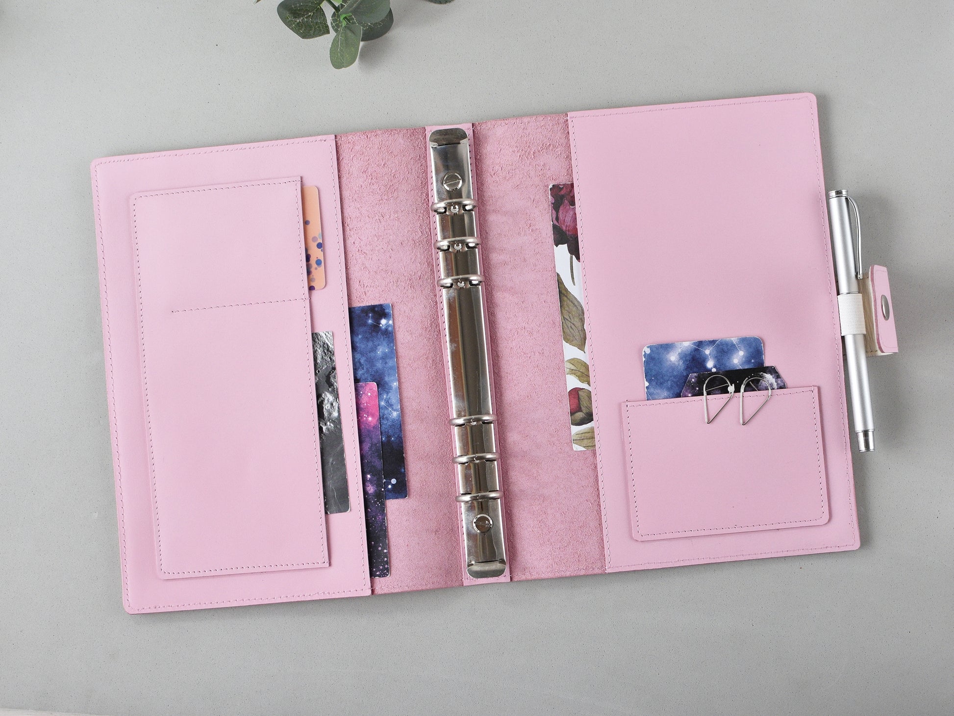 Opened A5 ring agenda cover with accessories