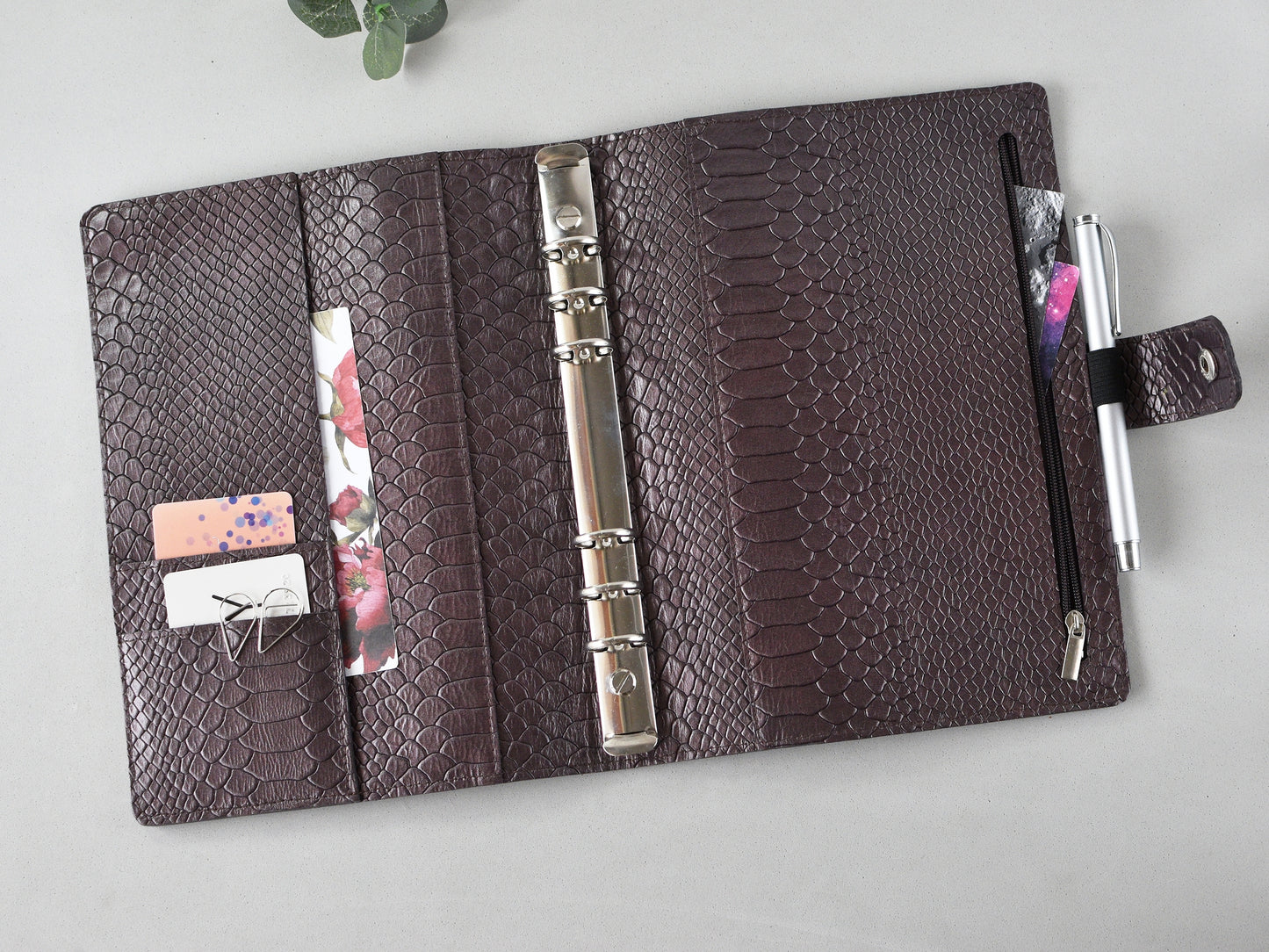 6-ring python leather notebook, show on the desk