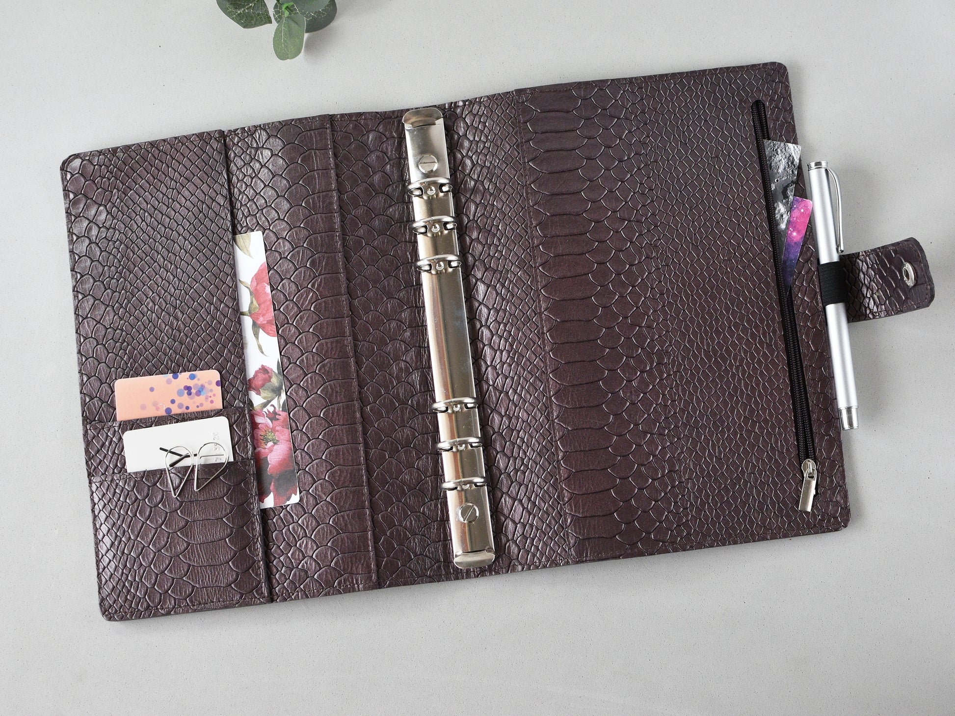 6-ring python leather notebook, show on the desk