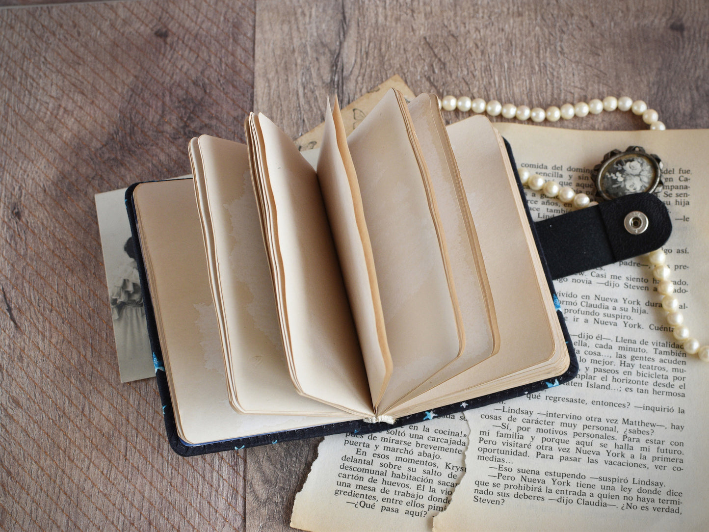 Small Vintage-Styled Fabric Notebook - Stars Journal (A7 size)