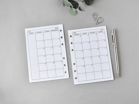 Monthly Planner Inserts - Ring Binder Refill (True A6 Size) / A6-01m