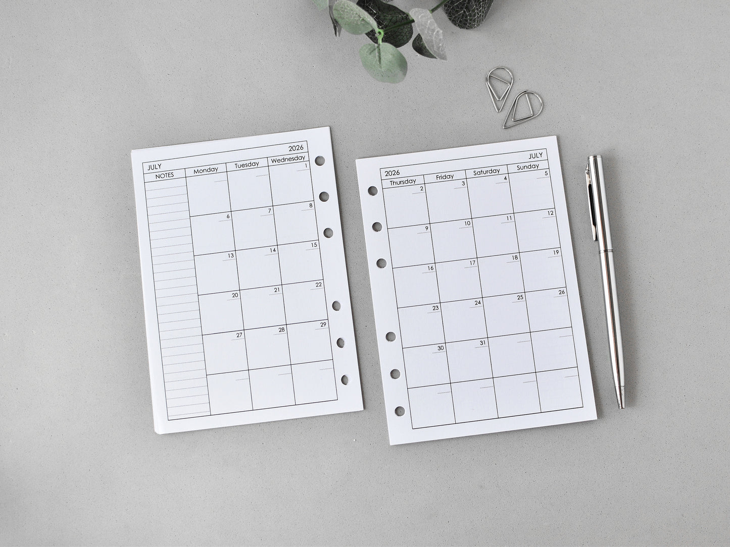 Monthly Planner Inserts - Ring Binder Refill (True A6 Size) / A6-01m