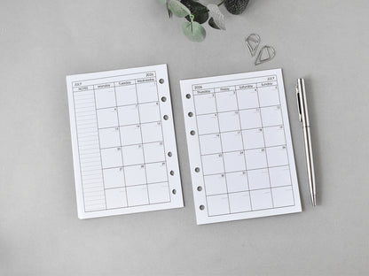 Monthly Planner Inserts - Ring Binder Refill (True A6 Size) / A6-01m