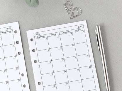 Monthly Planner Inserts - Ring Binder Refill (True A6 Size) / A6-01m