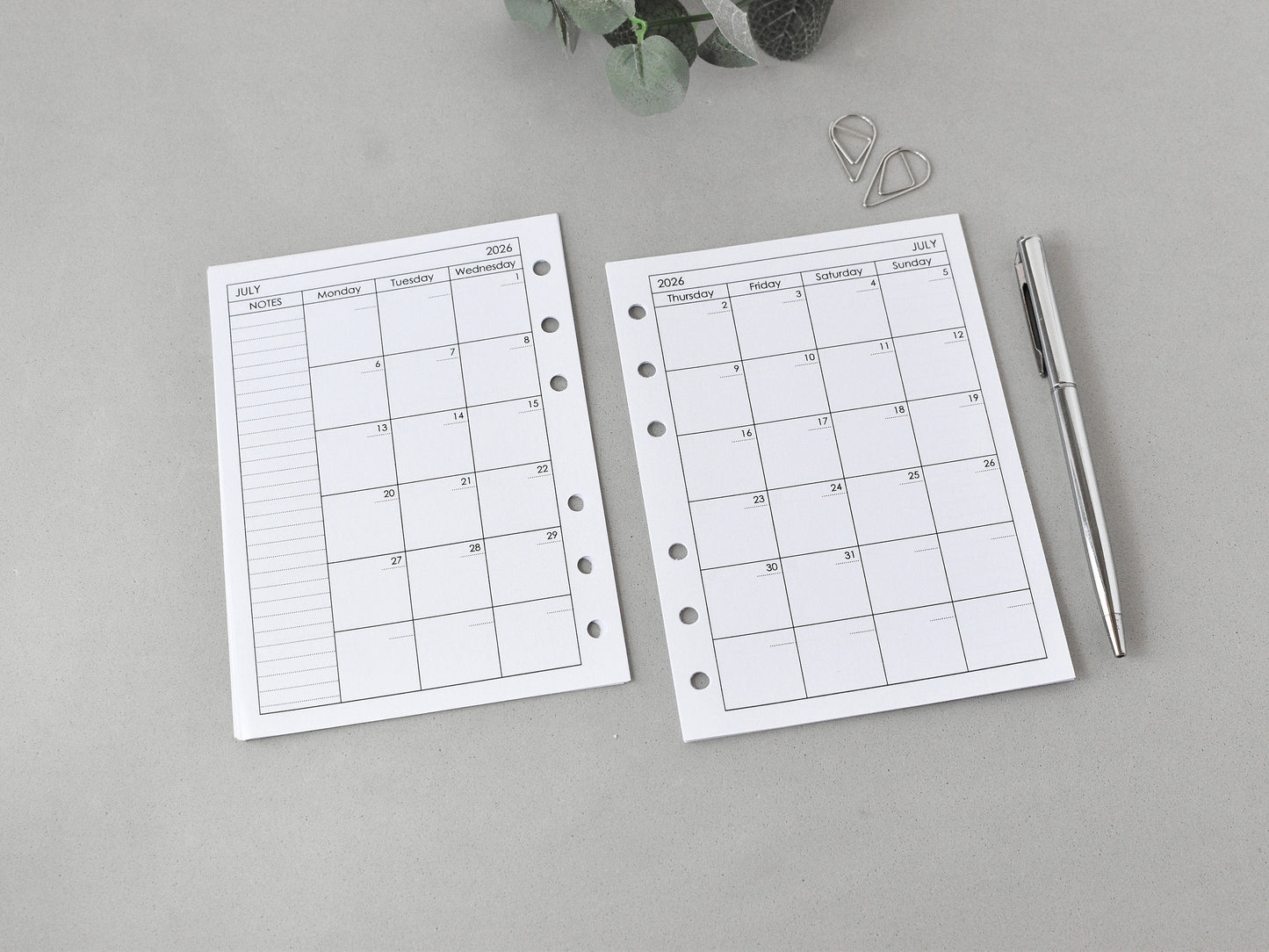 Monthly Planner Inserts - Ring Binder Refill (True A6 Size) / A6-01m