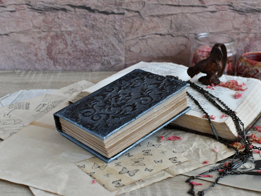 Vintage Journal Notebook - Black Grimoire, The Witch's Diary with Old paper (A7 size)