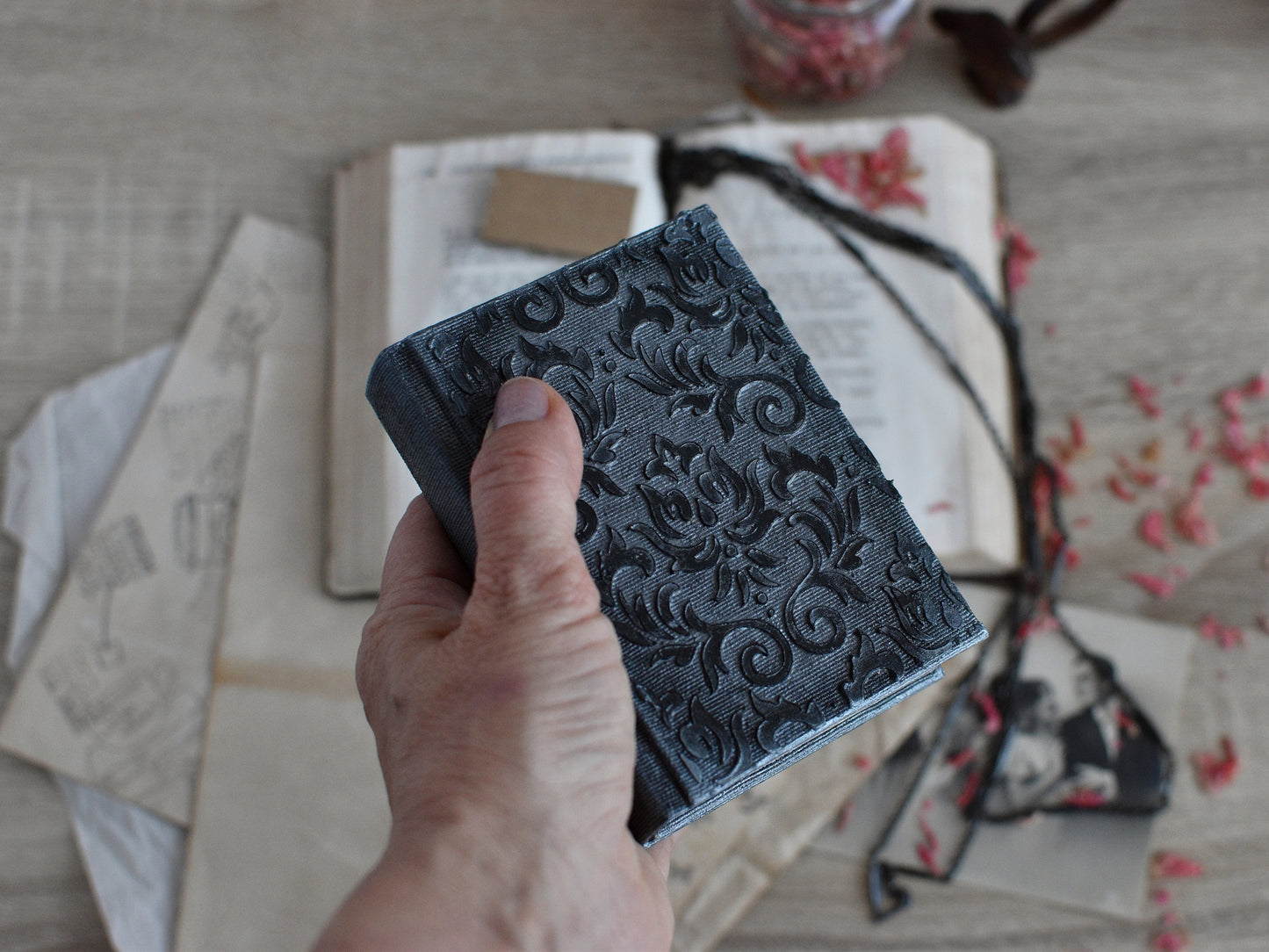 Vintage Journal Notebook - Black Grimoire, The Witch's Diary with Old paper (A7 size)