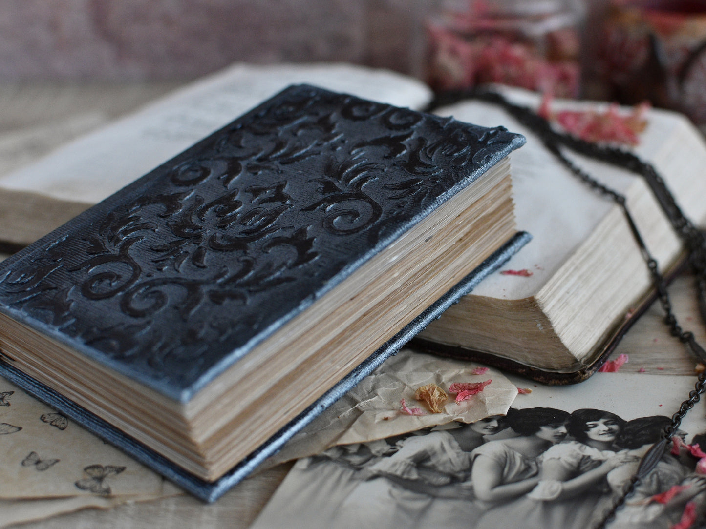 Vintage Journal Notebook - Black Grimoire, The Witch's Diary with Old paper (A7 size)