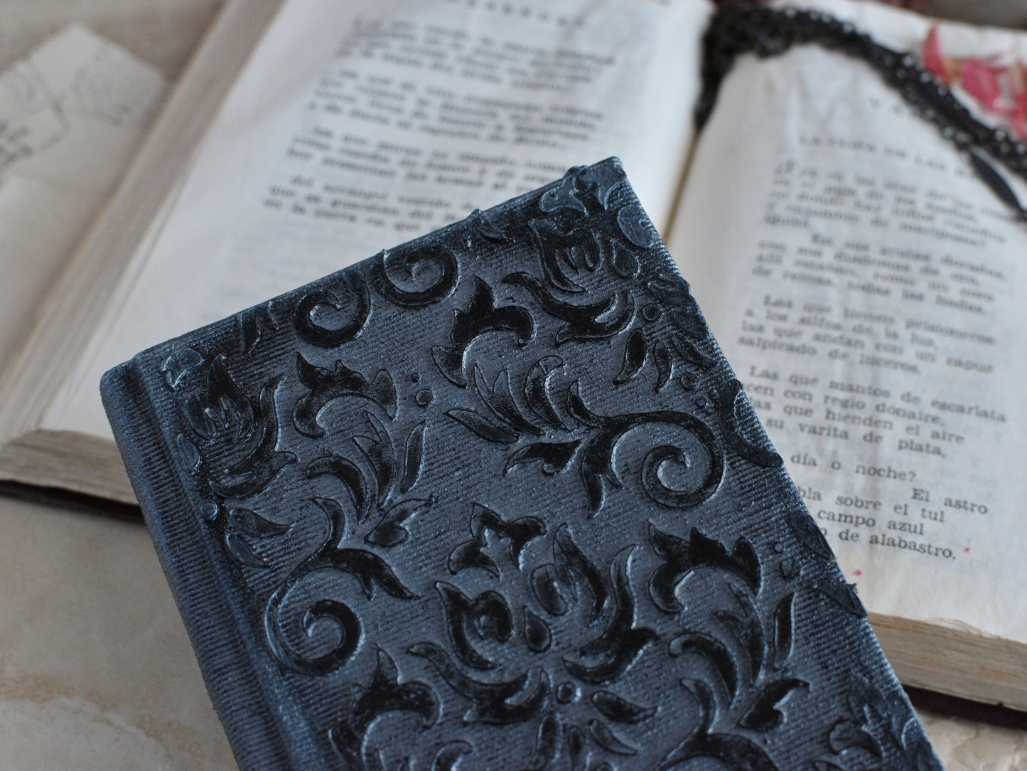 Vintage Journal Notebook - Black Grimoire, The Witch's Diary with Old paper (A7 size)