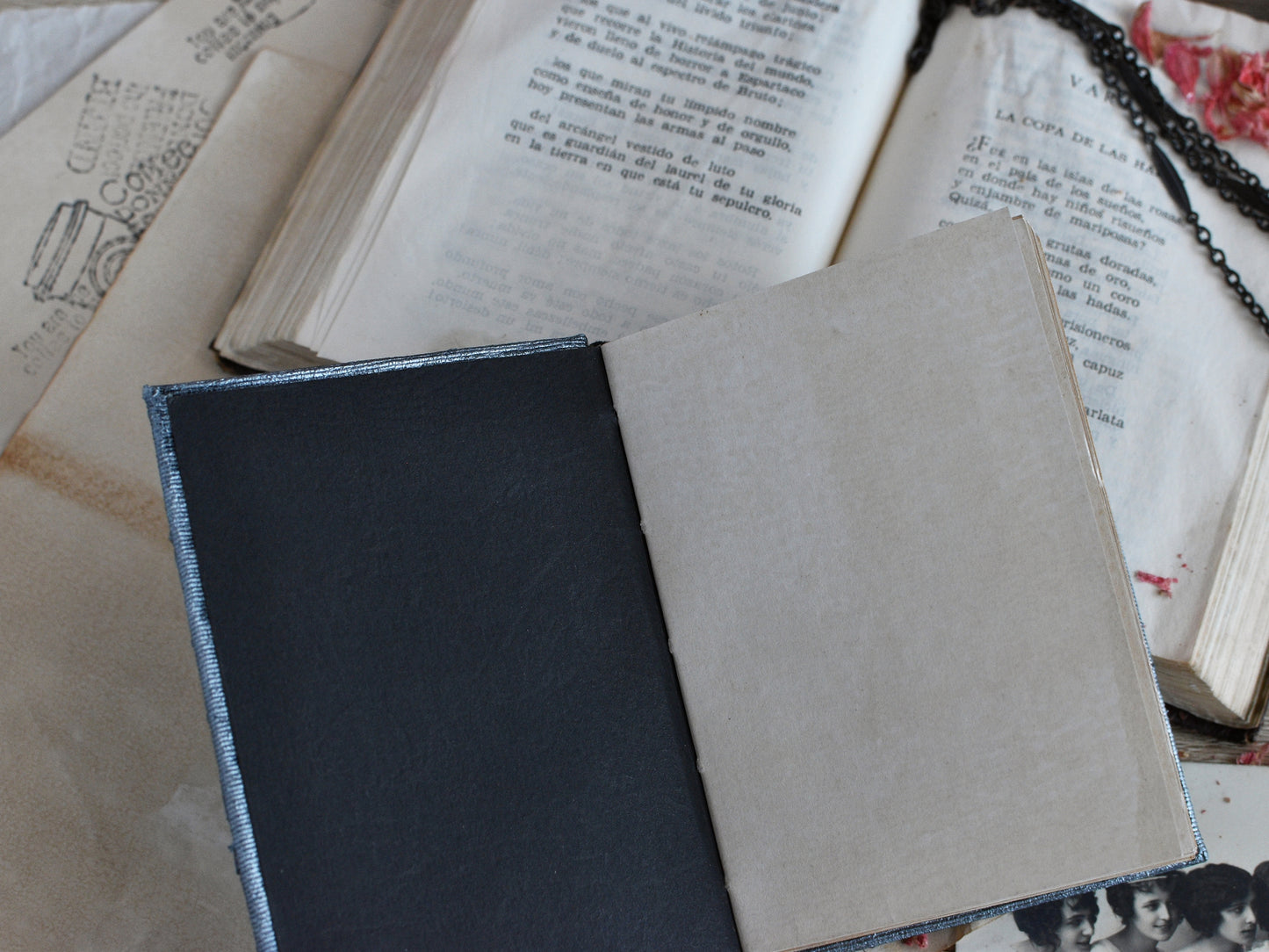 Vintage Journal Notebook - Black Grimoire, The Witch's Diary with Old paper (A7 size)