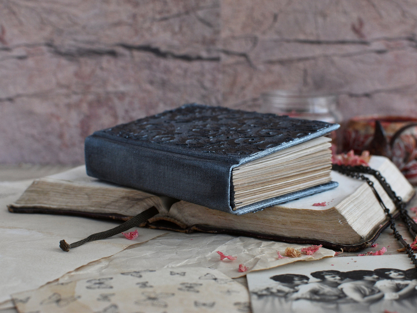 Vintage Journal Notebook - Black Grimoire, The Witch's Diary with Old paper (A7 size)