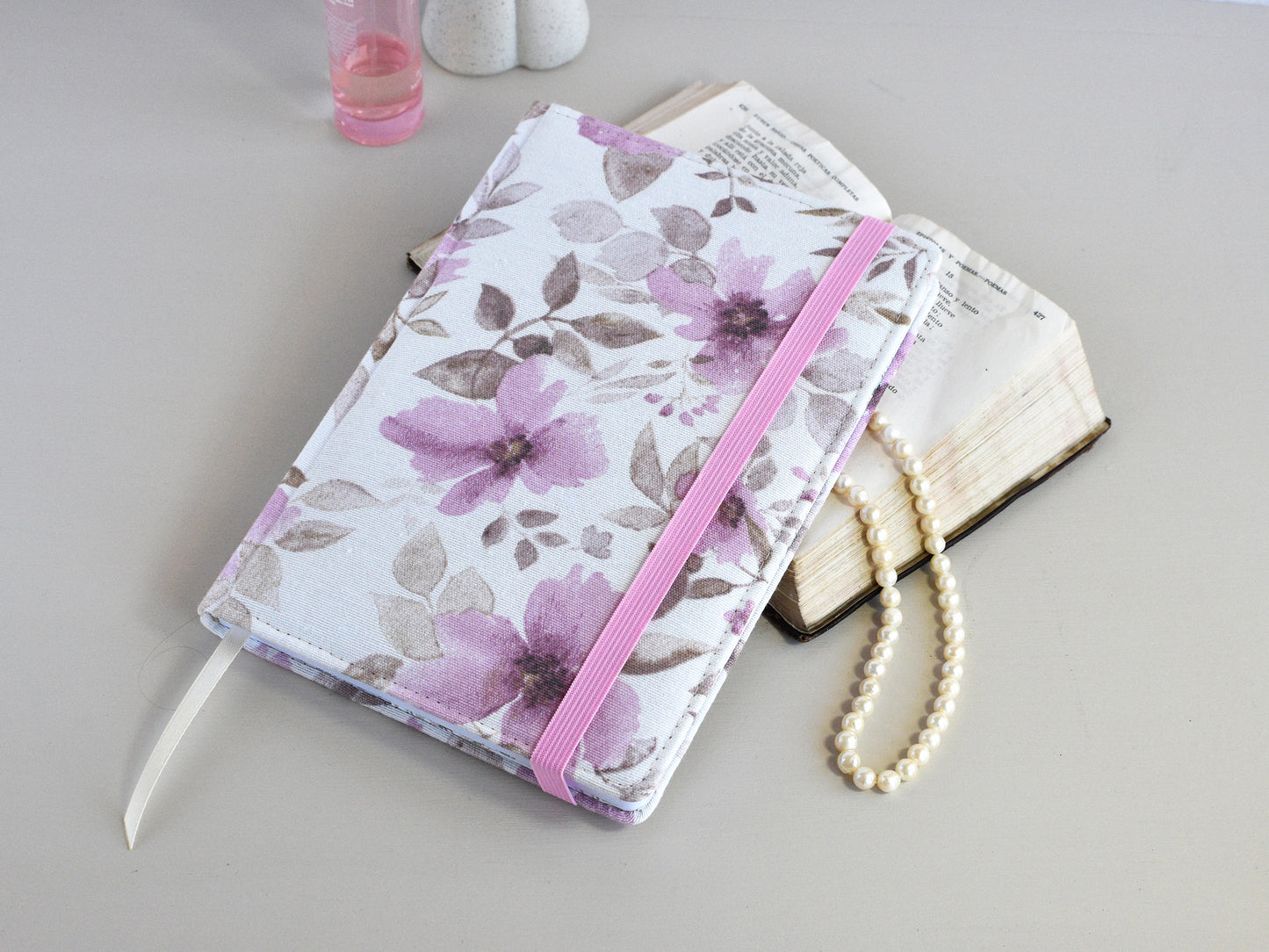Dot Grid Bullet Journals - Numbered Pages, Pink Flowers (A5 size)