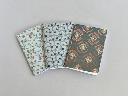 Travel journal inserts, Passport size. Three notebooks with a patterned covers