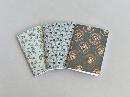 Travel journal inserts, Passport size. Three notebooks with a patterned covers