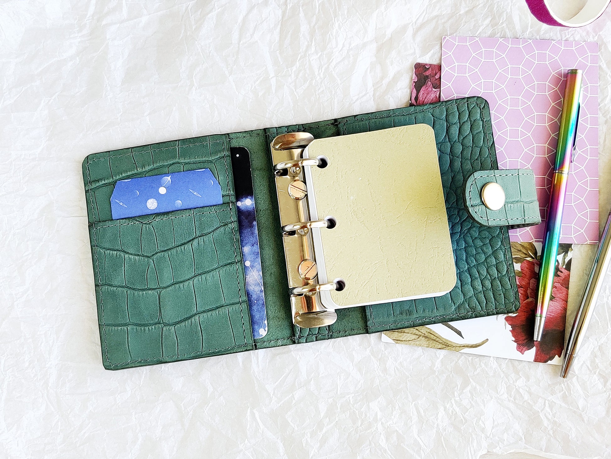 3 ring croc leather notebook with pages, green color