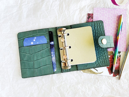 3 ring croc leather notebook with pages, green color