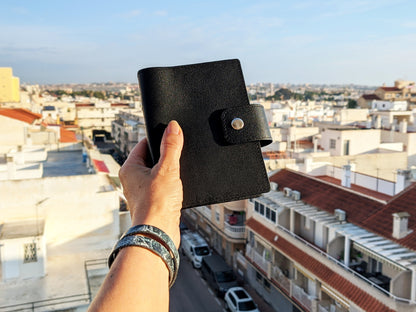 Black leather 6-ring binder, Pocket size A7. Refillable planner notebook