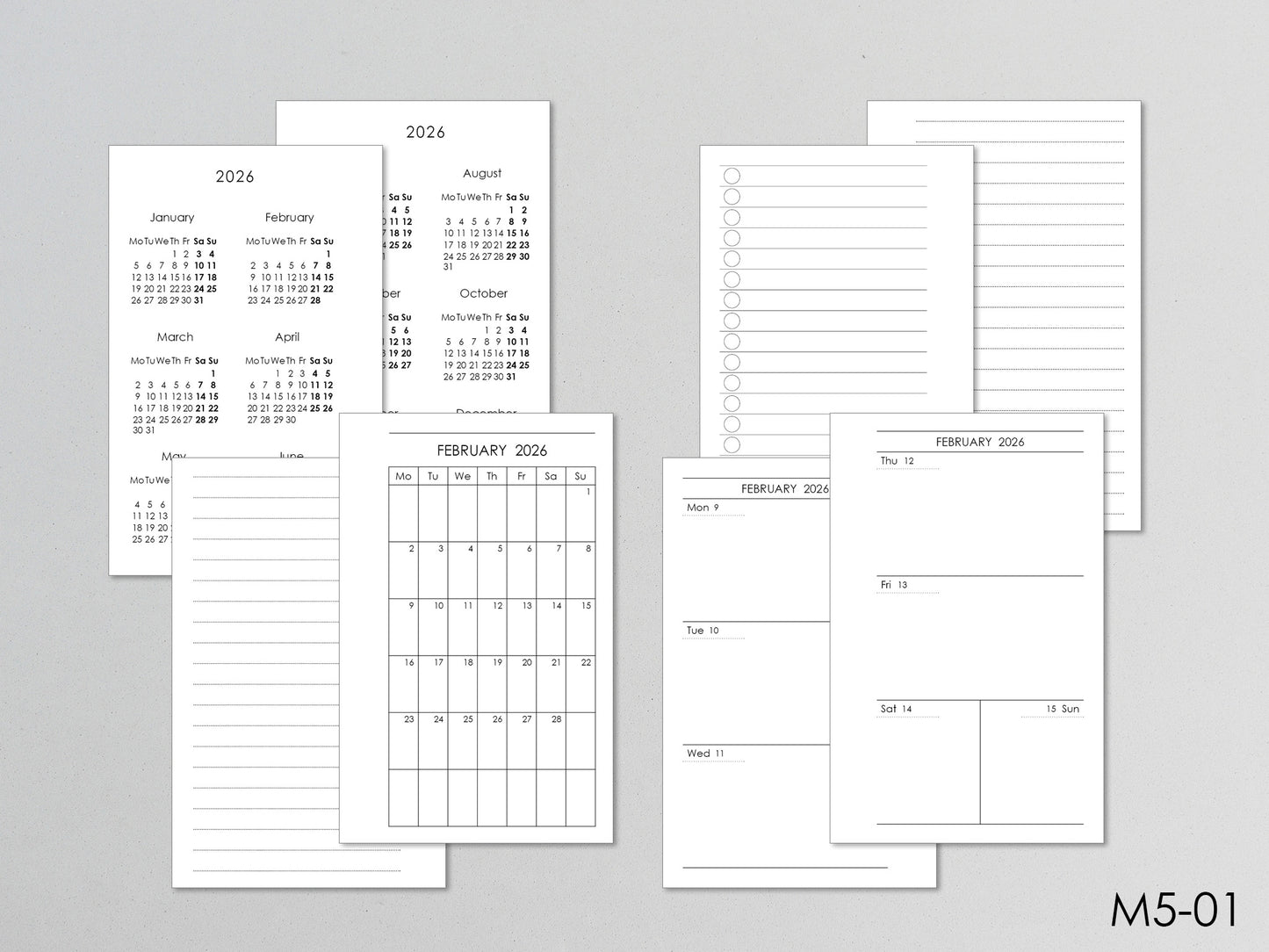 Mini Planner Inserts Set - Monthly, Weekly, To Do (M5 Size) / M5-01