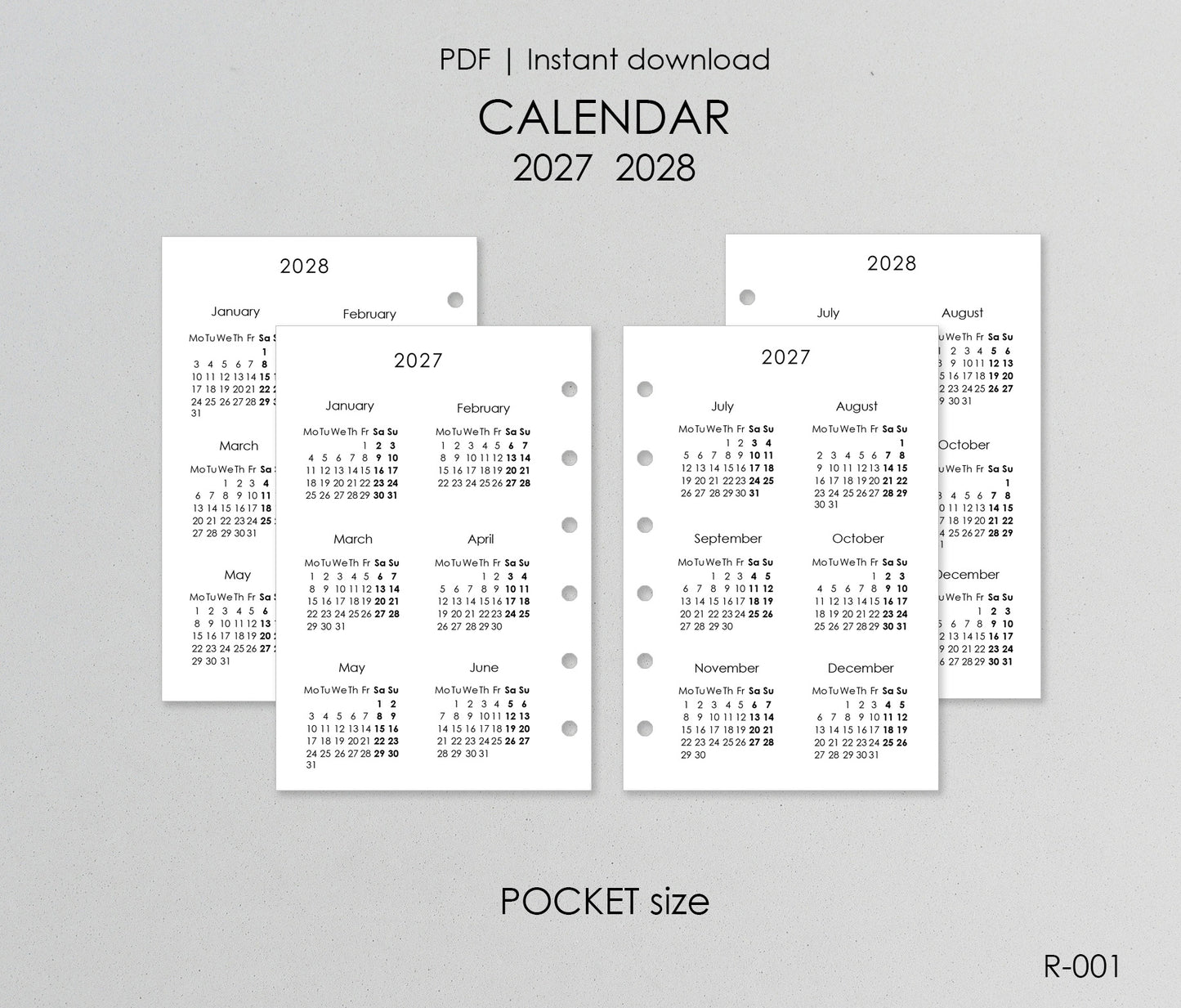 Printable Calendar 2027 2028 (Pocket Size) - Digital Inserts R-001