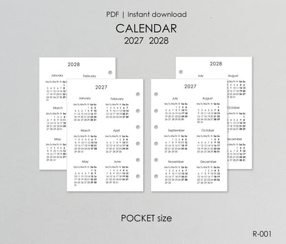 Printable Calendar 2027 2028 (Pocket Size) - Digital Inserts R-001