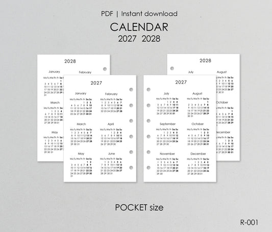 Printable Calendar 2027 2028 (Pocket Size) - Digital Inserts R-001