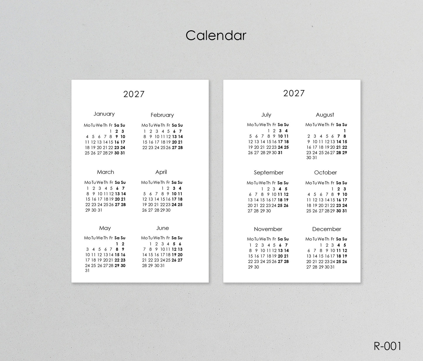 Printable Calendar 2027 2028 (Pocket Size) - Digital Inserts R-001