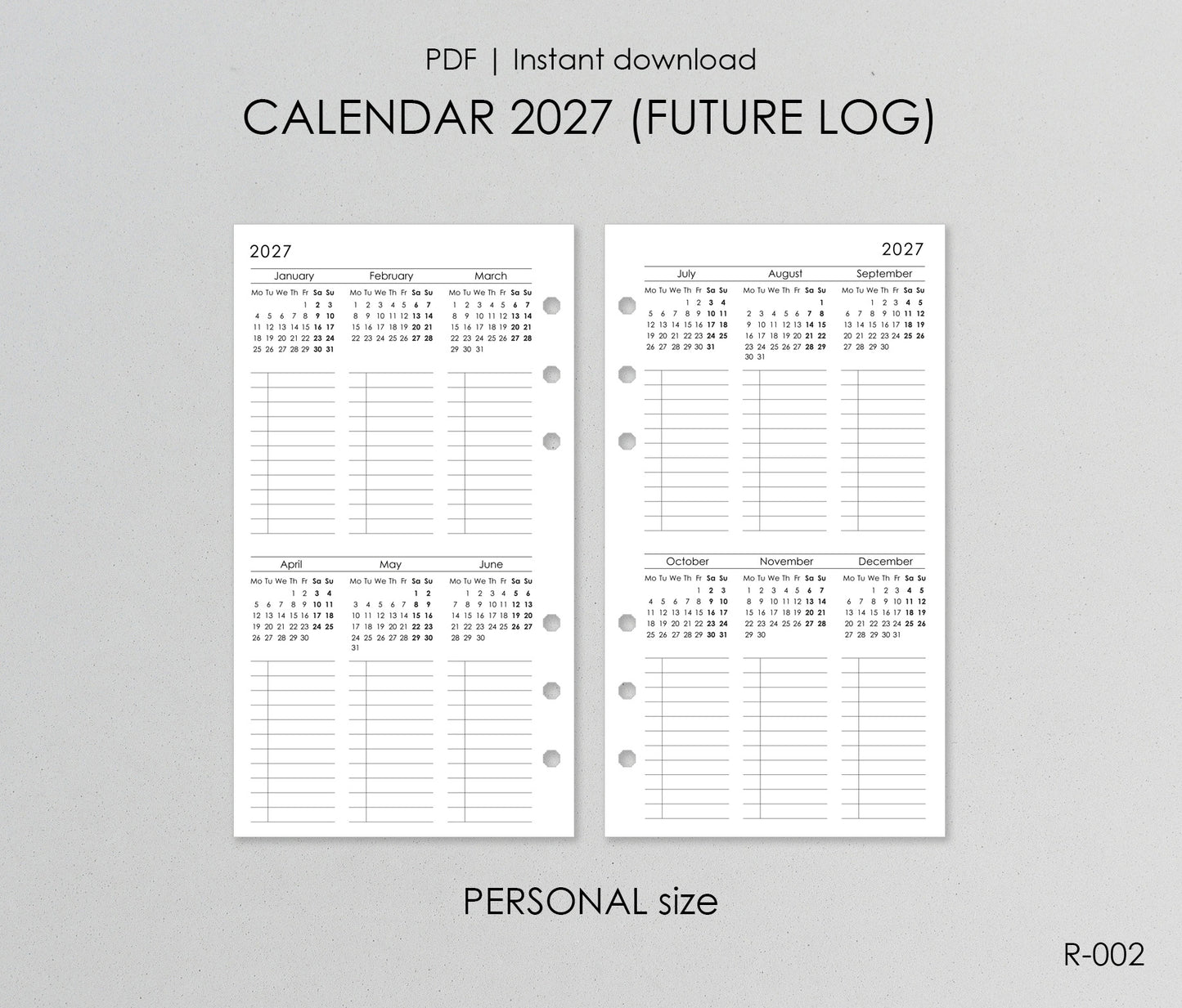 Printable Calendar 2027 Future Log (Personal size) - Digital Inserts R-002
