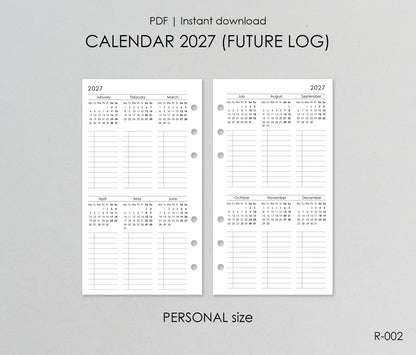 Printable Calendar 2027 Future Log (Personal size) - Digital Inserts R-002