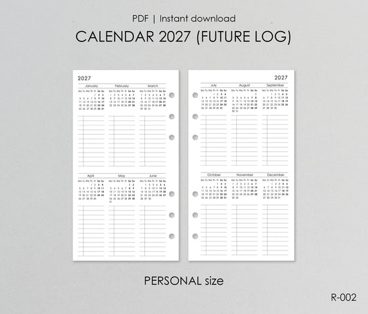 Printable Calendar 2027 Future Log (Personal size) - Digital Inserts R-002