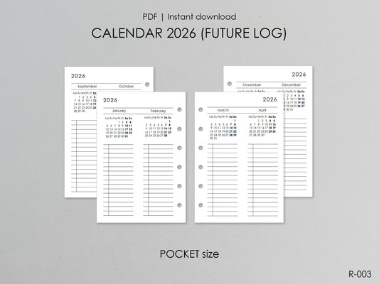 Printable Calendar Future Log (Pocket Size) - Digital Inserts R-003