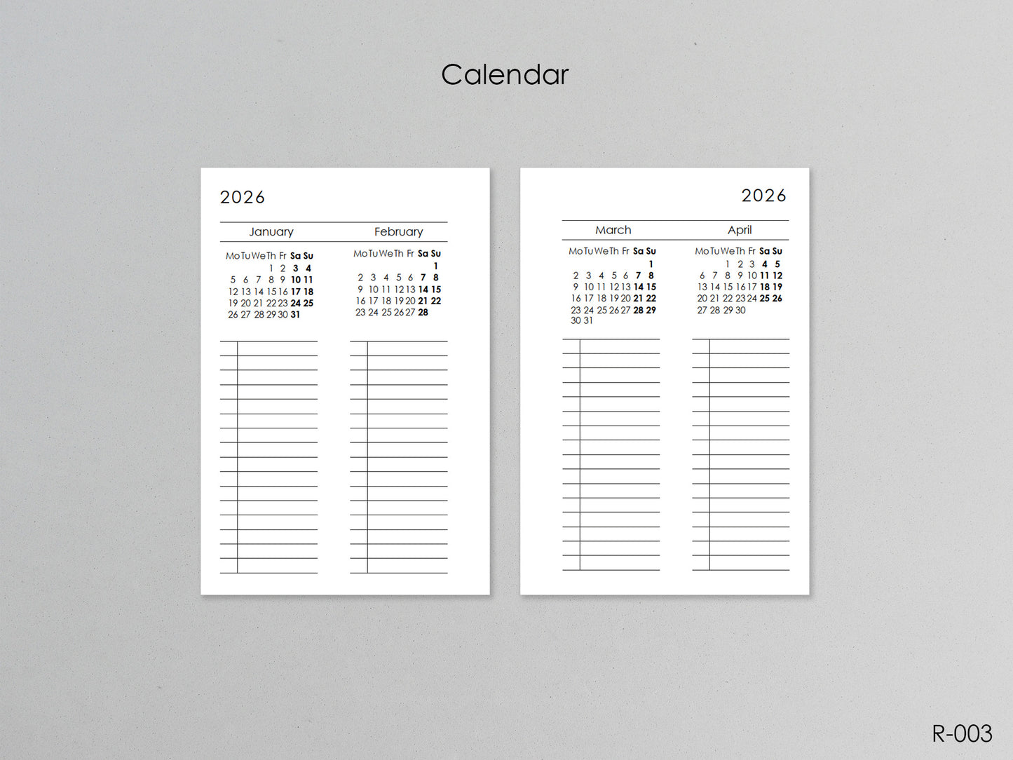 Printable Calendar Future Log (Pocket Size) - Digital Inserts R-003