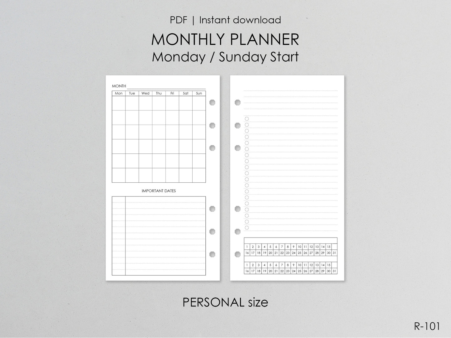 Printable Monthly Pages (Personal size) - Digital Inserts R-101