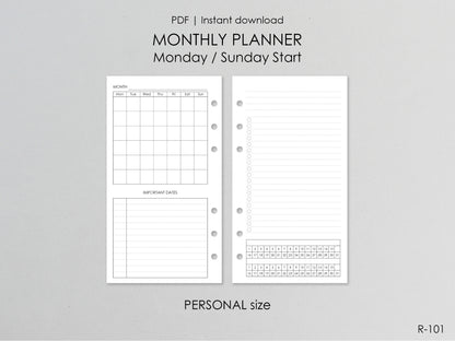Printable Monthly Pages (Personal size) - Digital Inserts R-101