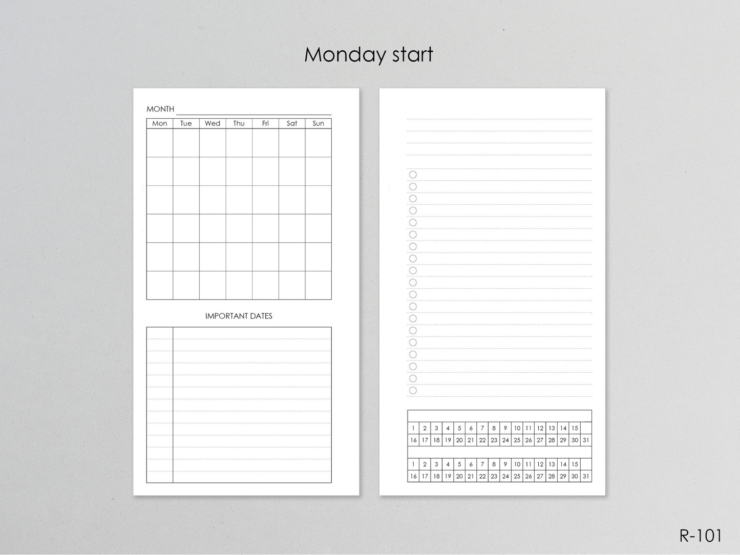 Printable Monthly Pages (Personal size) - Digital Inserts R-101