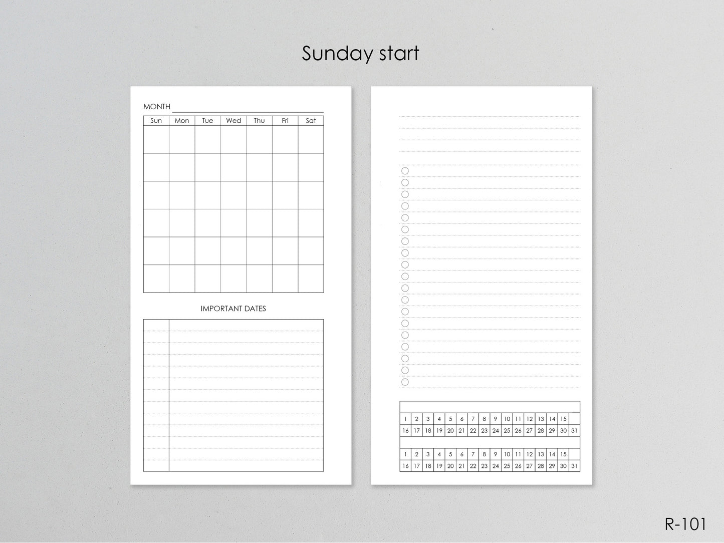 Printable Monthly Pages (Personal size) - Digital Inserts R-101